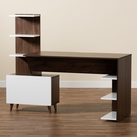 Baxton Studio Tobias Mid-Century Two-Tone White and Walnut Brown Finished Wood Storage Computer Desk with Shelves 181-11692-Zoro